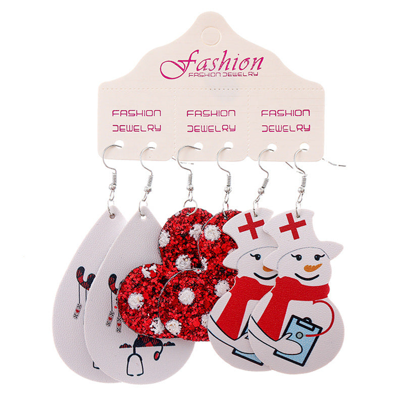 Wholesale 2 Sets Christmas Earrings Set Snowflake Snowman Teacher Medical Water Drop PU Leather Earrings ACC-ES-HY130