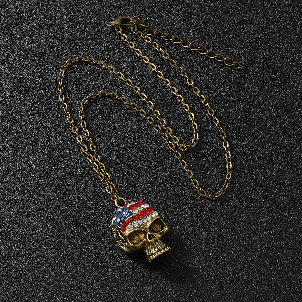 Wholesale Halloween jewelry  Independence Day diamond flag skull pendant necklace
