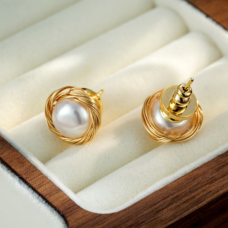Wholesale 18K Handmade Wound Natural Freshwater Pearl Earrings
