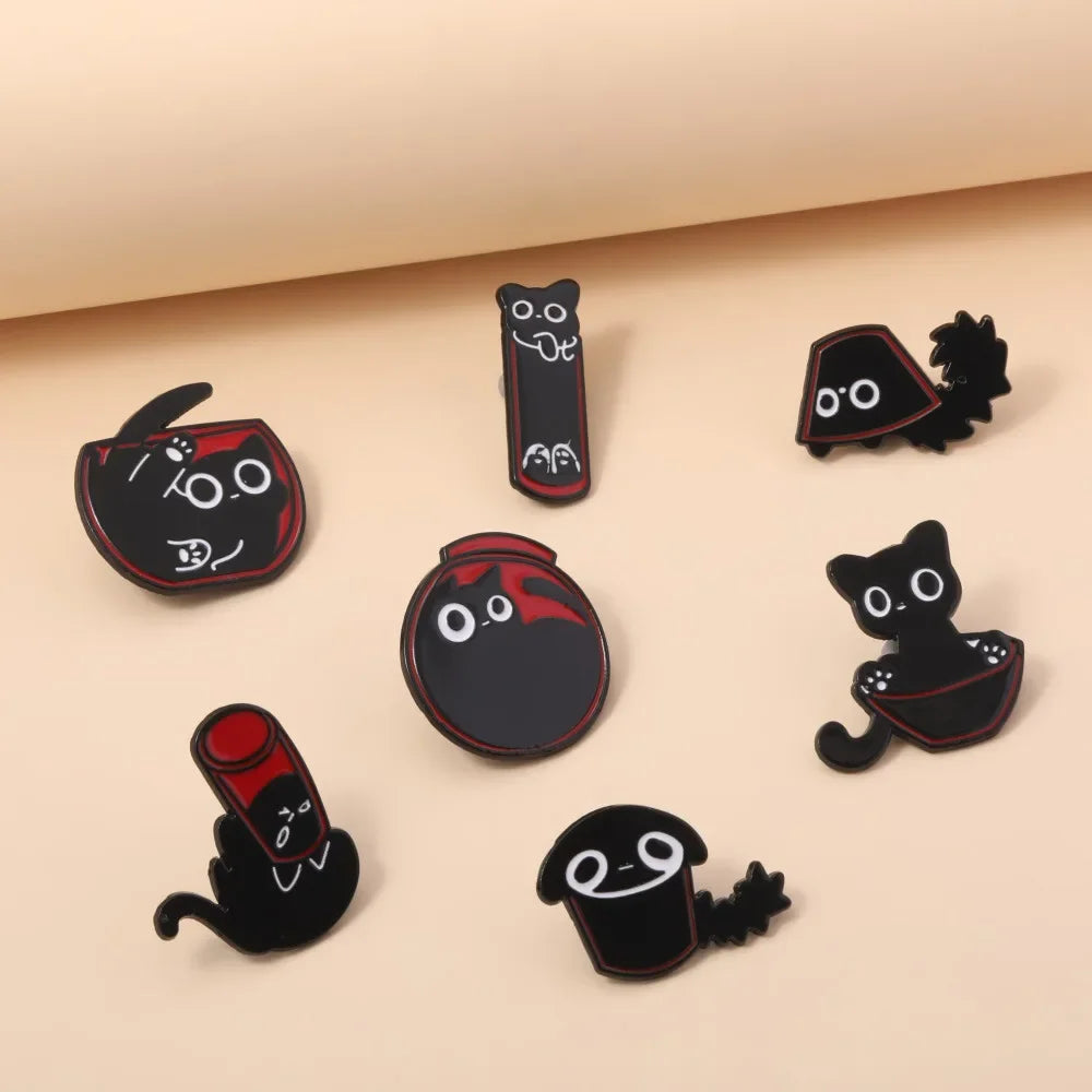 Wholesale  Cute  Cat Chest Pin Cartoon Fuzzy Little Black Cat Alloy 7 Piece Set Brooch