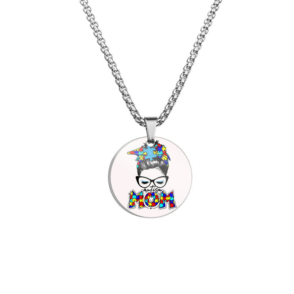 Wholesale Autism MOM Color Printed Pendant Stainless Steel Necklace Mother's Day ACC-NE-HuanYu002