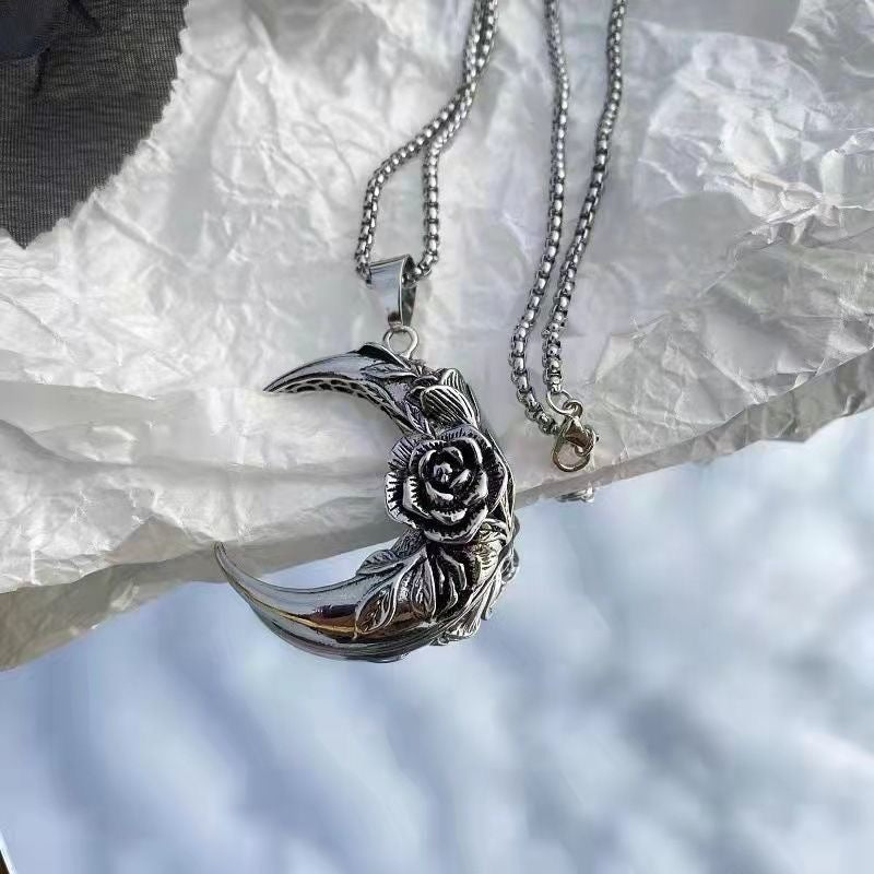 Wholesale Retro Gothic Rose Dark Moon Pendant Necklace,  Zinc Alloy Plated,  Fashion Accessory for Women