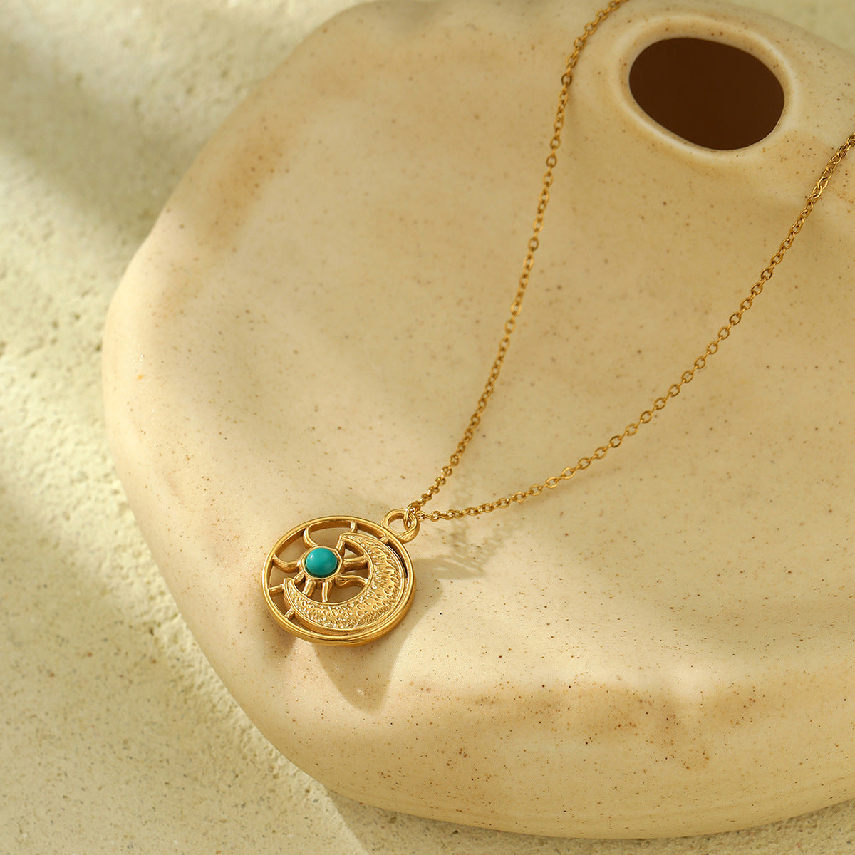 Wholesale  Devil's Eye Sun Moon Disc Natural Stone Pendant 18K True Gold Stainless Steel Necklaces