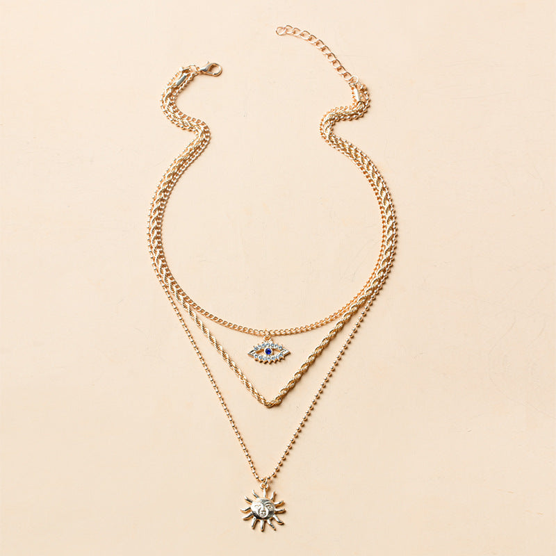 Wholesale Creative Jewelry Personalized Punk Style Devil's Eye Sun Pendant Multi-layer Alloy Necklace