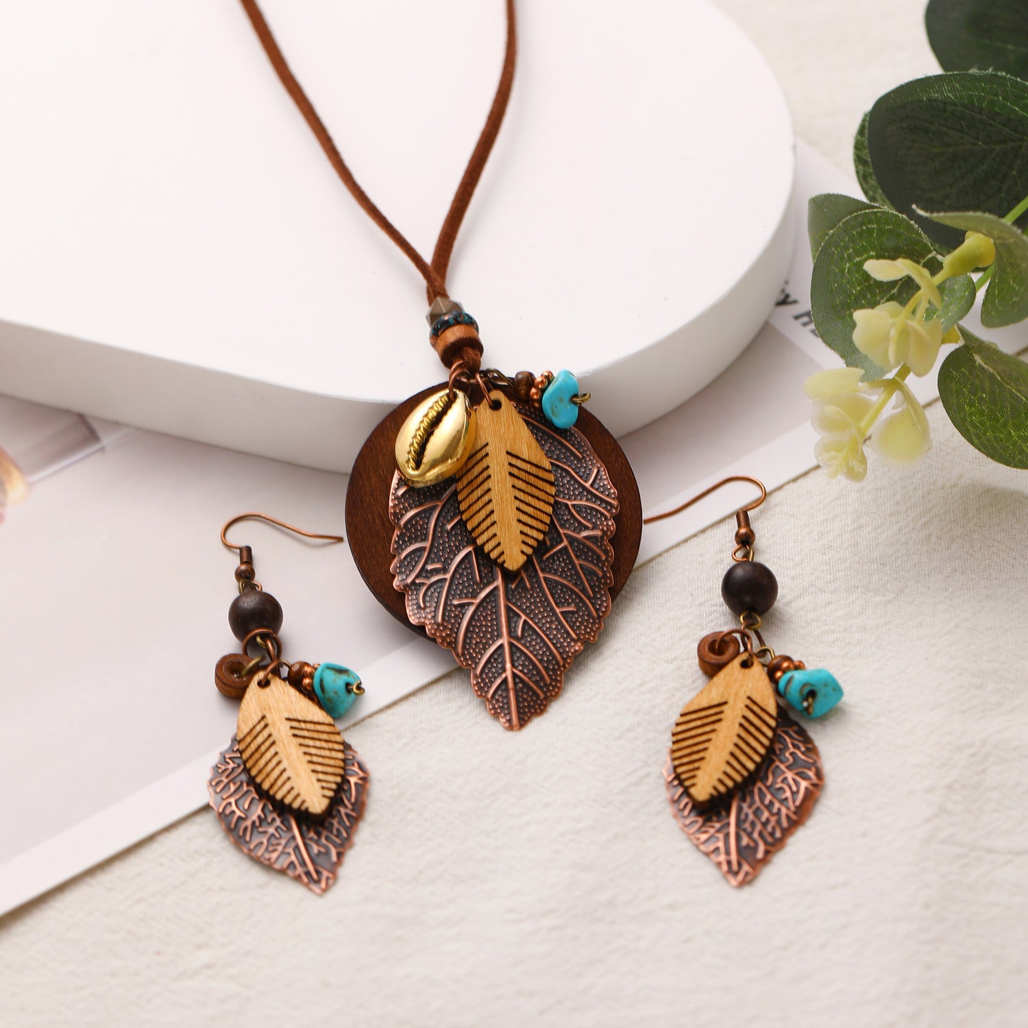 Wholesale vintage cotton and linen national style hollow leaves long sweater chain necklace