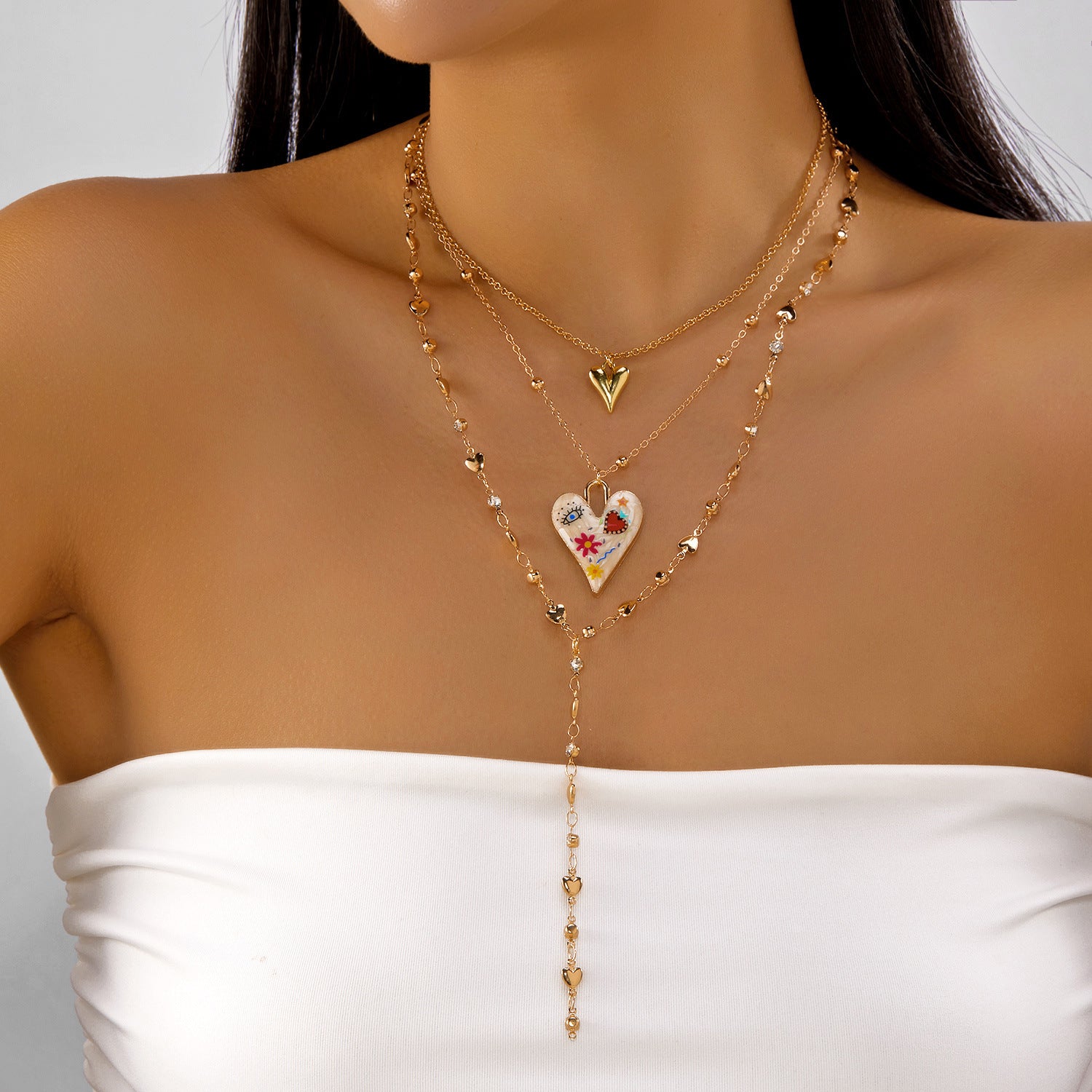Wholesale Retro Chic Colorful Rhinestone Heart Pendant Layering Long Necklace Alloy Jewelry Boutique Resale Gift