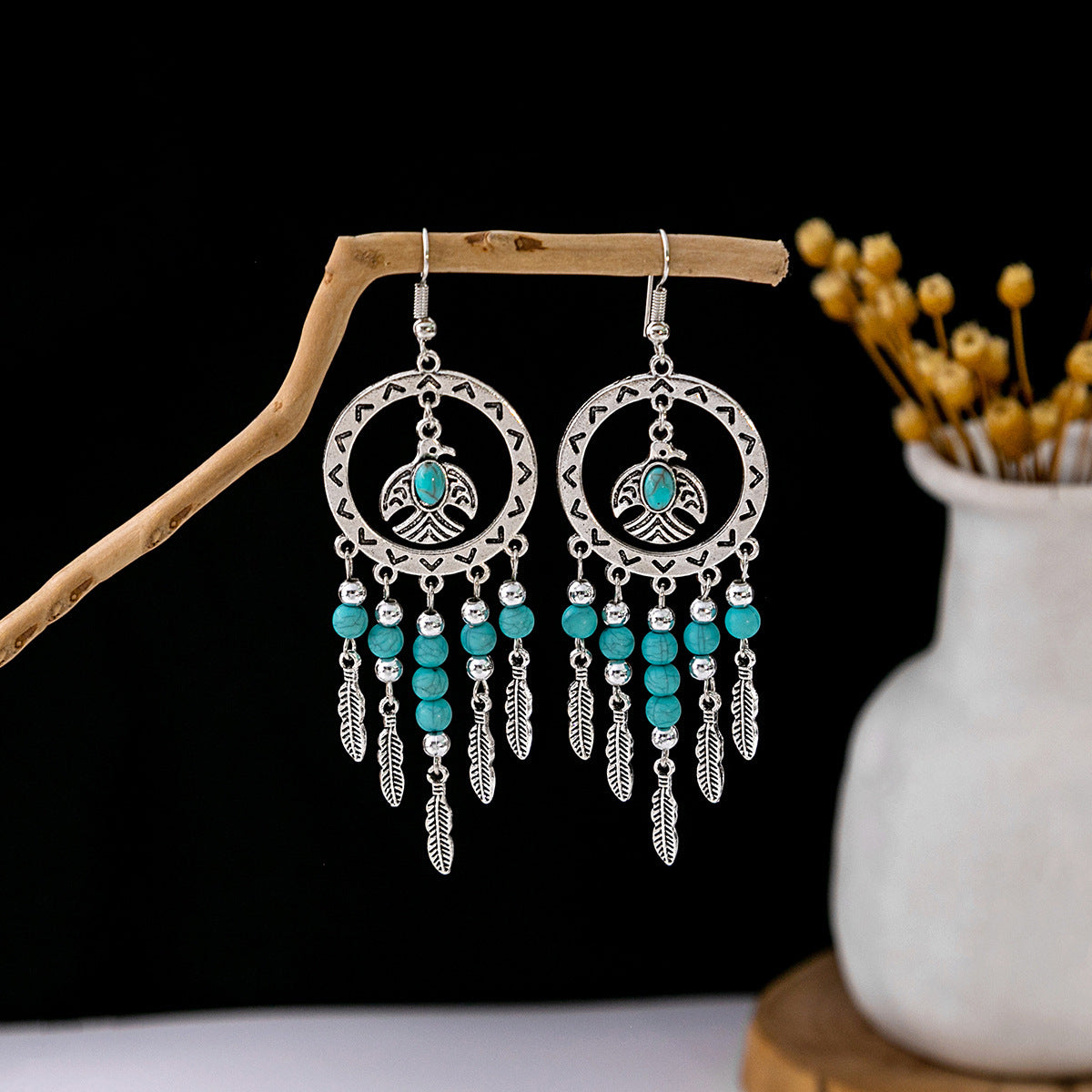Wholesale Retro Ethnic Style Blue Turquoise Hollow Ring Flower Tassel Earrings Jewelry Accessory