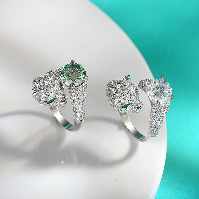 Wholesale S925 Sterling Silver Moissanite Ring Full Diamond Leopard Head Open Adjustable Rings ACC-RS-ZYX004