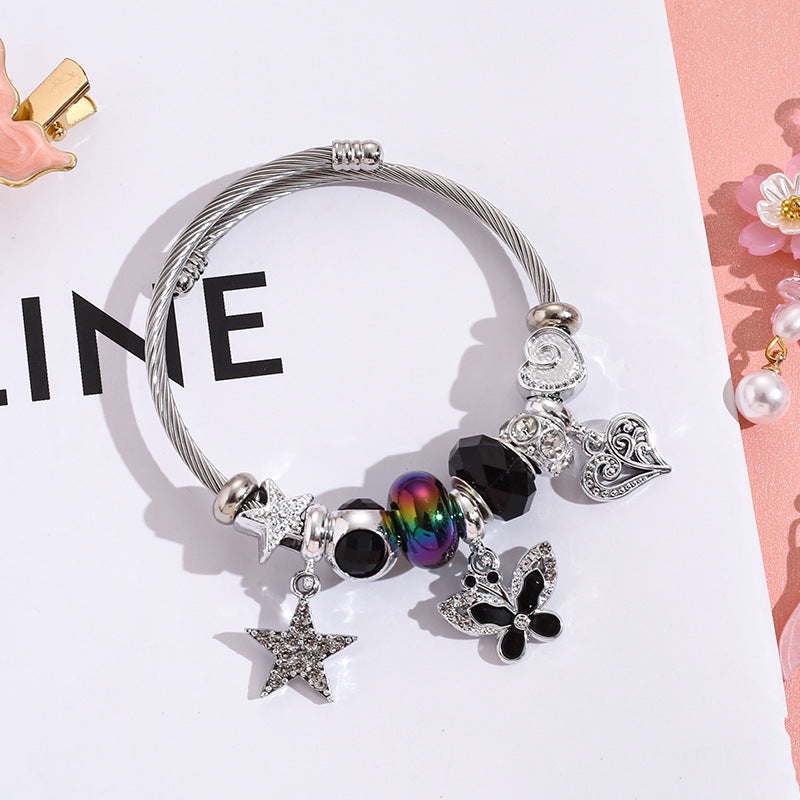 Wholesale Pentagram Butterfly Rhinestone Beaded Stainless Steel Bracelet ACC-BT-QingLian004