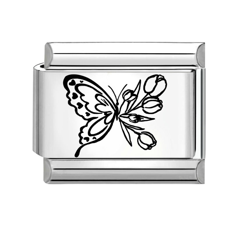 Wholesale Italian Charm Bracelet 9mm DIY Splicing Black and White Lettering Butterfly Titanium Steel Composable Bracelet