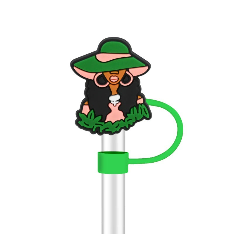 Wholesale 100pcs randomly black girl fashion series straw covers,  10mm soft silicone straw tube cap.