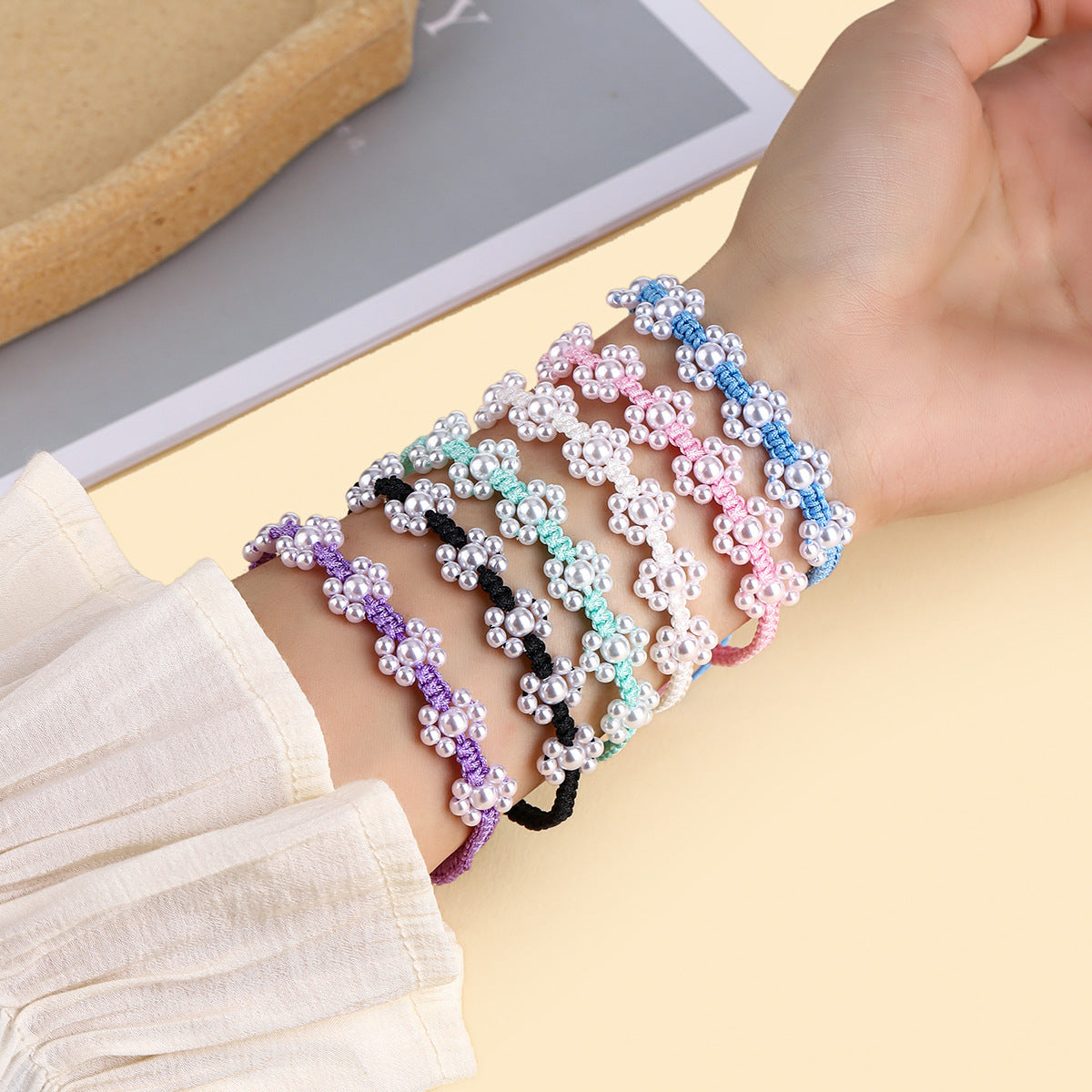 Wholesale  Pearl Handmade Woven Flat Knot Flower Bracelet