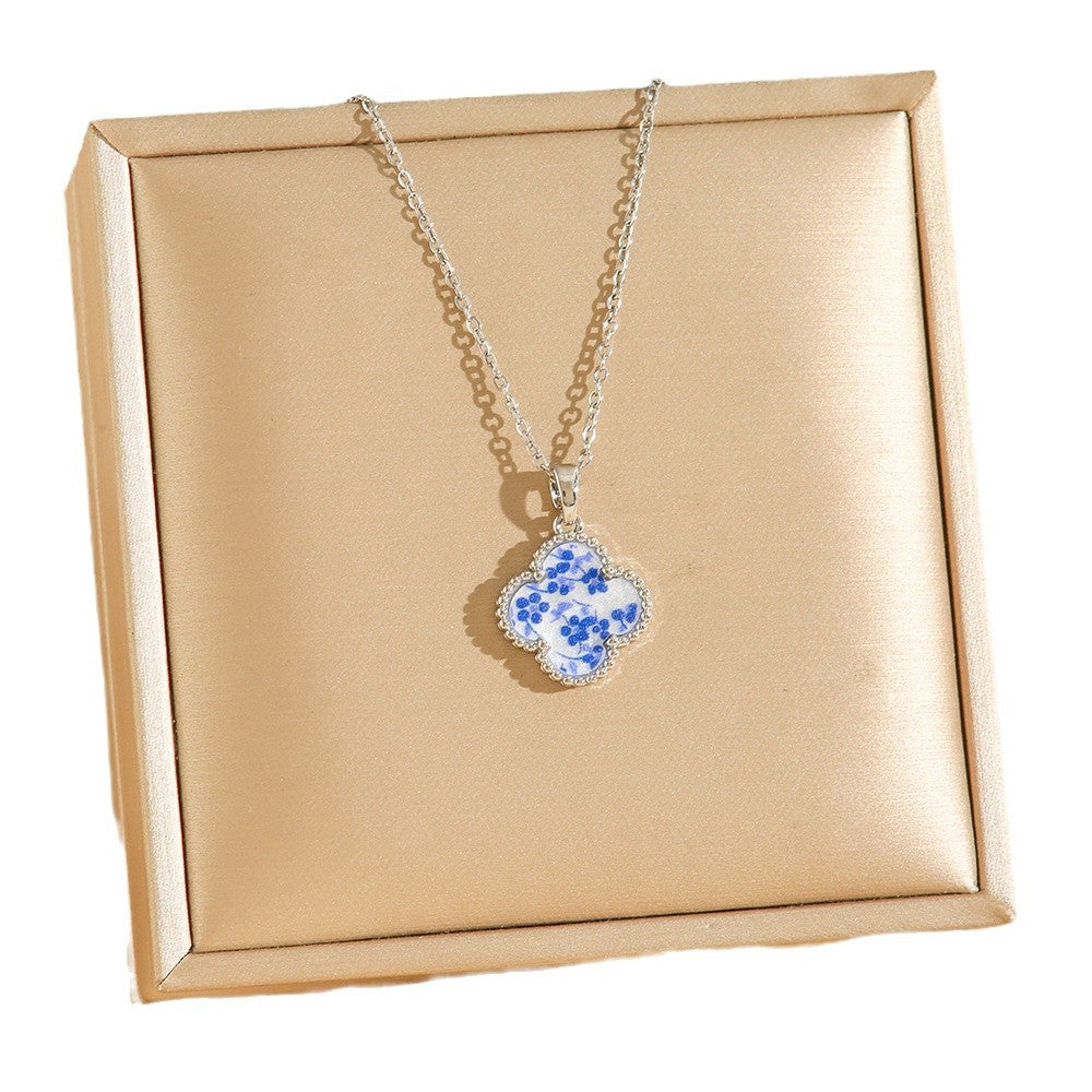 Wholesale Titanium Steel Blue White Porcelain Four-Leaf Clover Necklace Fashion Accessory