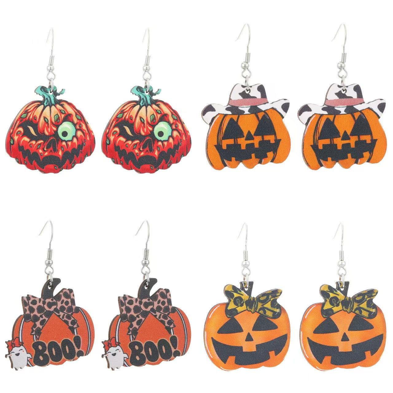 Wholesale  Gothic Western Wooden Pendant Earrings with Pumpkin Skull Print Jewelry Accessory for Resale