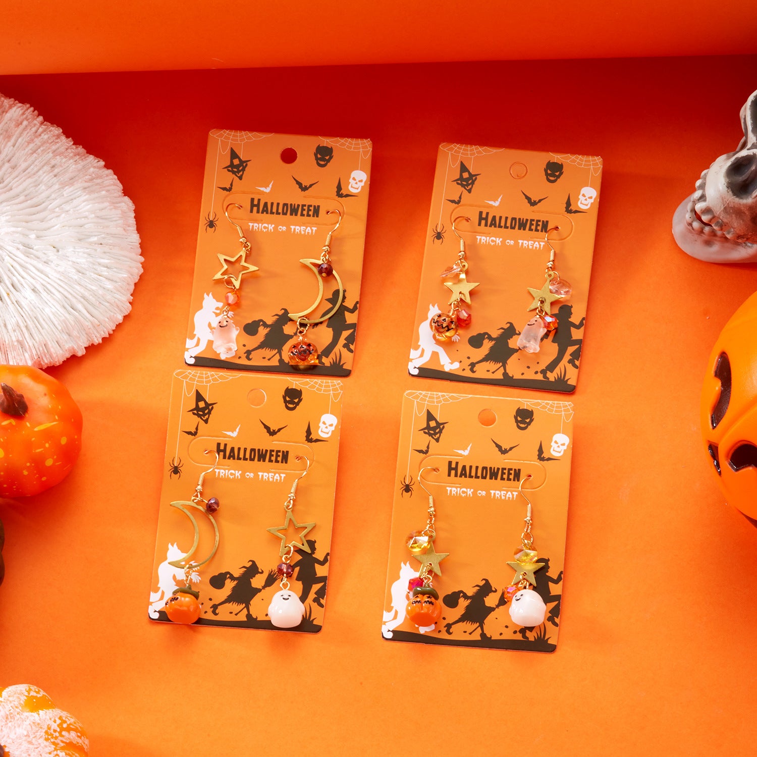 Wholesale Alloy  Asymmetrical Earrings Star Moon Ghost Pumpkin Design Party Jewelry Accessory