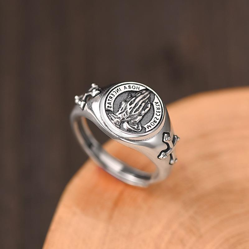 Wholesale Electroplated Alloy Praying Hands Ring Adjustable Unisex Fashion Accessory