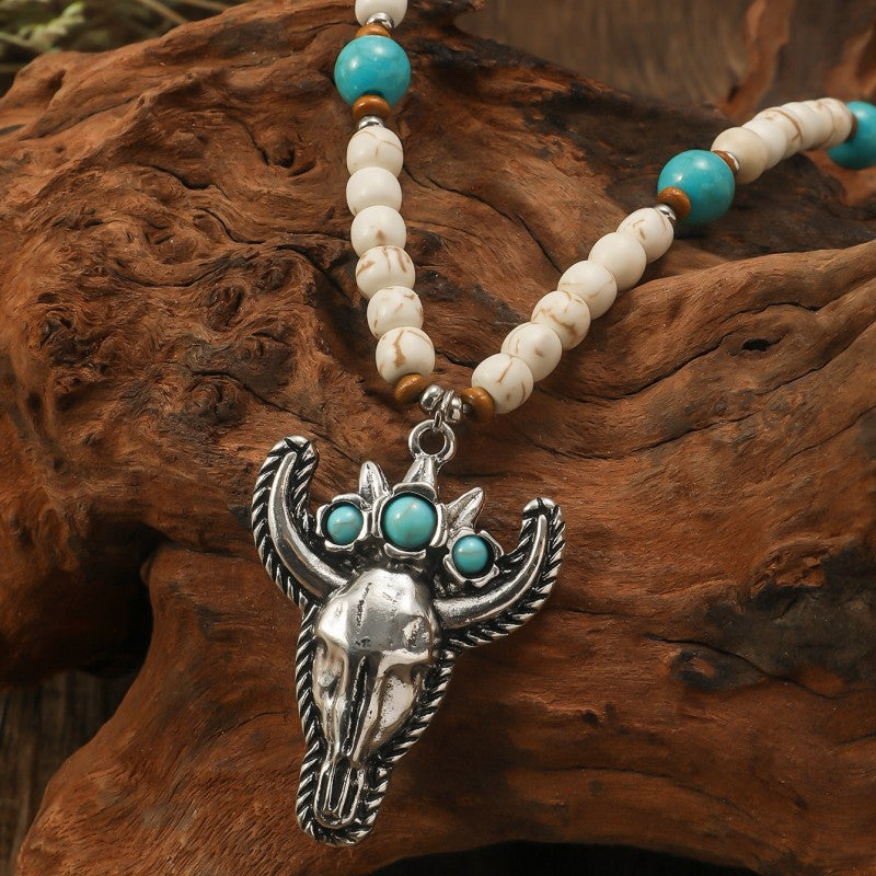 Wholesale Ethnic Style Turquoise Bull Head Carved Handmade Beaded Necklace ACC-NE-JunJie016