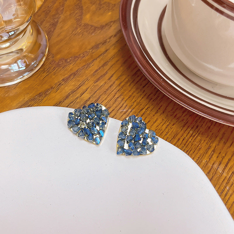 Wholesale silver needle geometric colored diamond heart crystal earrings