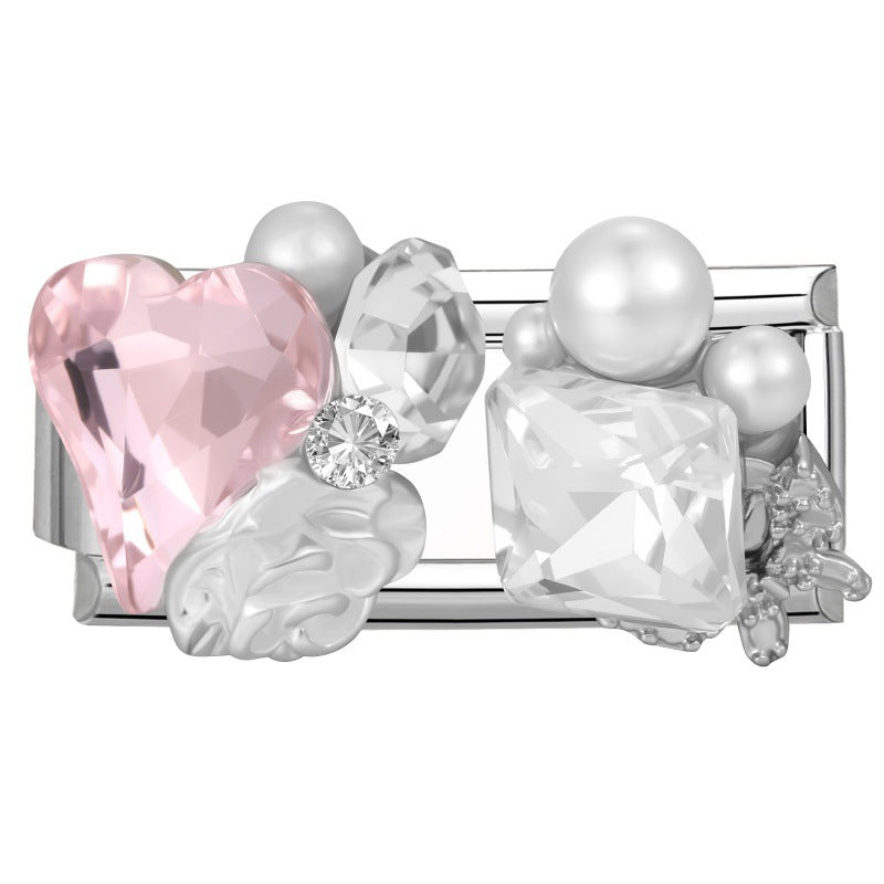 Wholesale Stainless Steel DIY Modular Pink Heart Pearl Crystal Bracelet - Chic Fashion Jewelry Accessory for Boutique Resale