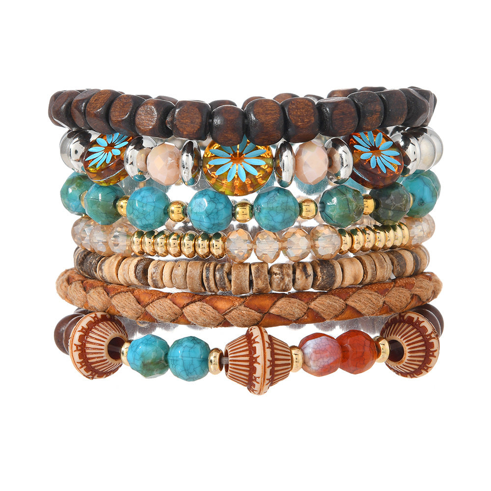 Wholesale Bohemian Multi-Layer Braided Bracelet Vintage Turquoise Tassel Beads Trendy Jewelry Accessory for Women
