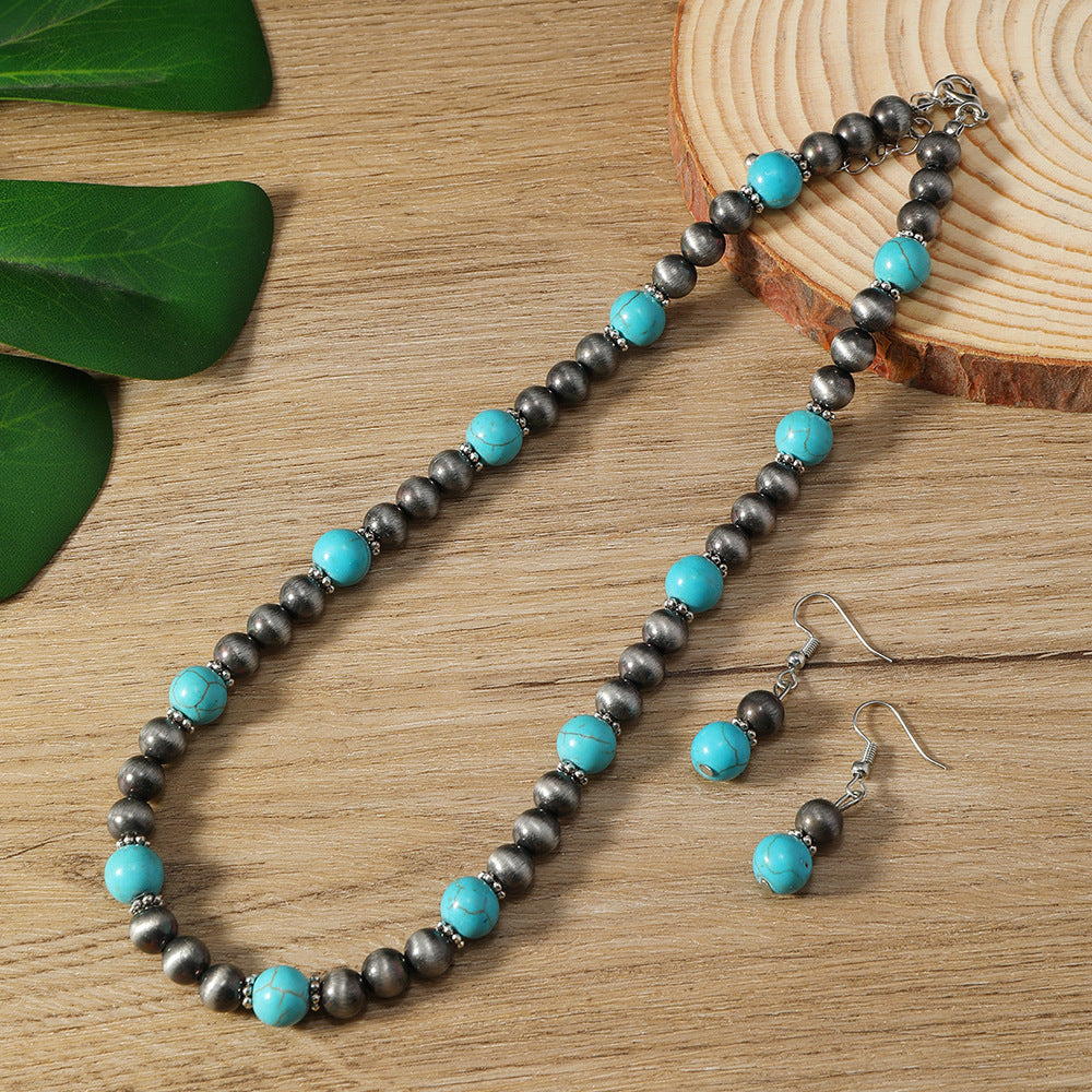Wholesale  2-piece Set Fashion Turquoise Beaded Women's Earrings Necklace Chain