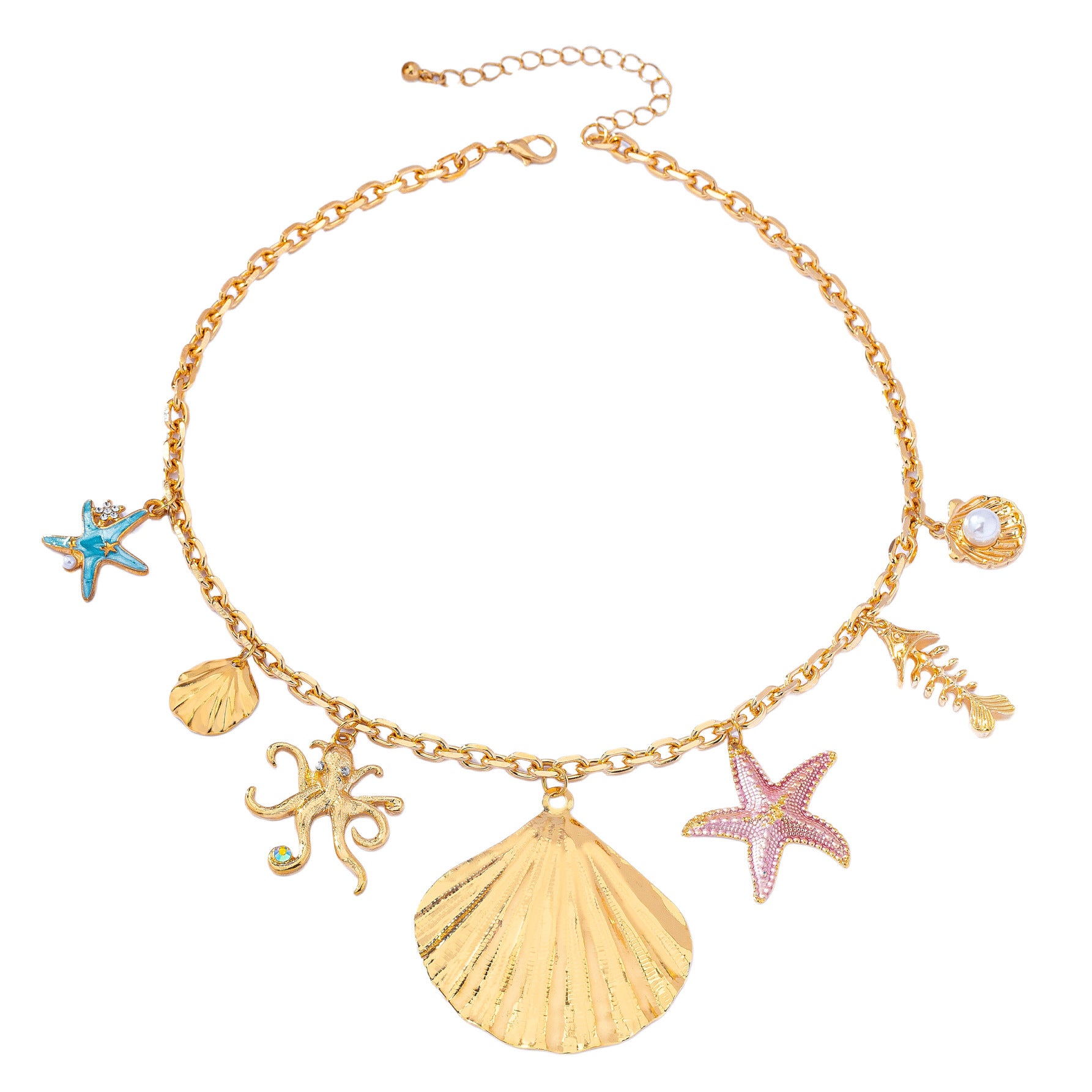Wholesale Bohemian Ocean Themed Shell Starfish Octopus Multi Pendant Necklace Gold Plated Zinc Alloy Chic Vacation Style Jewelry Accessory