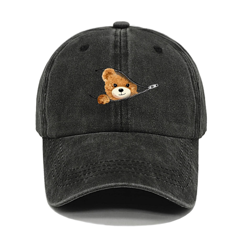 Wholesale Zipper Bear Print Cotton Vintage Washed Baseball Cap Hat