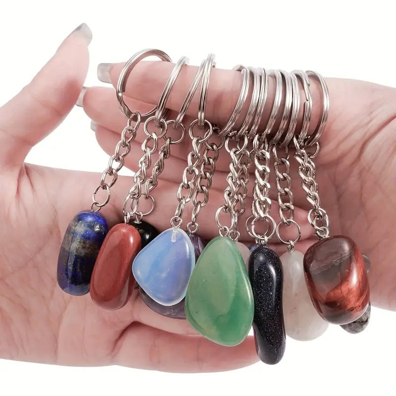 Wholesale Chic Natural Crystal Gemstone Keychain Amulet Pendant Stainless Steel Keyring Bag Charm Jewelry Accessory