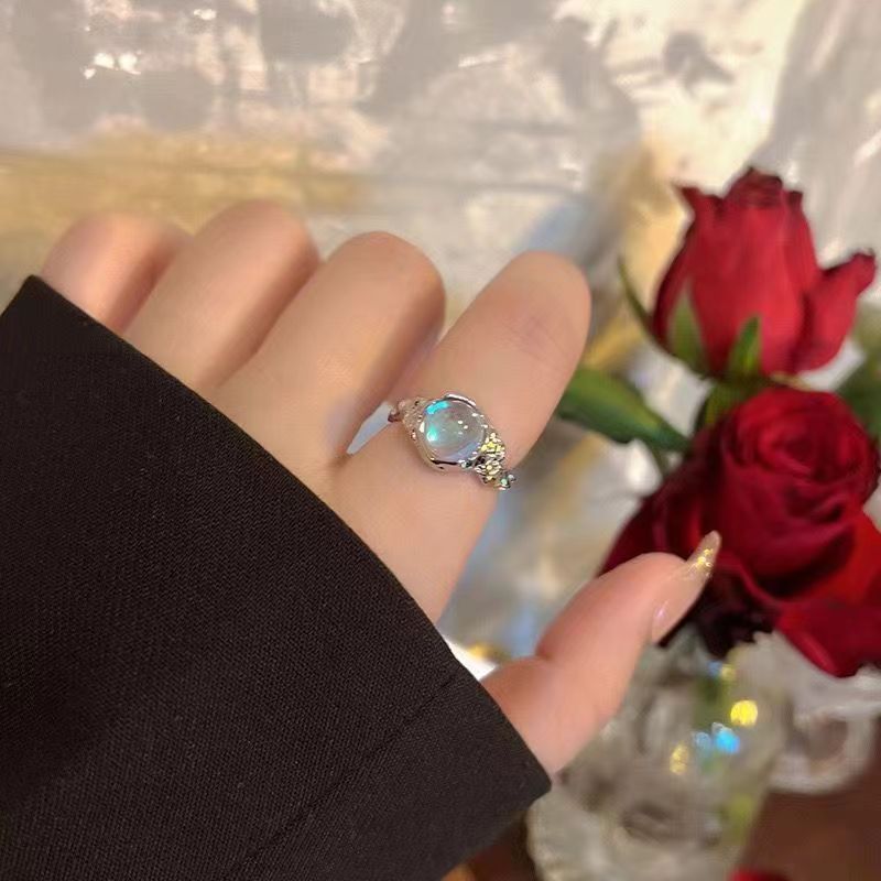 Wholesale Alloy Plated Irregular Open Ring With Zircon And Cat S Eye Moonstone Geometric Design Chic Jewelry Accessory For Women