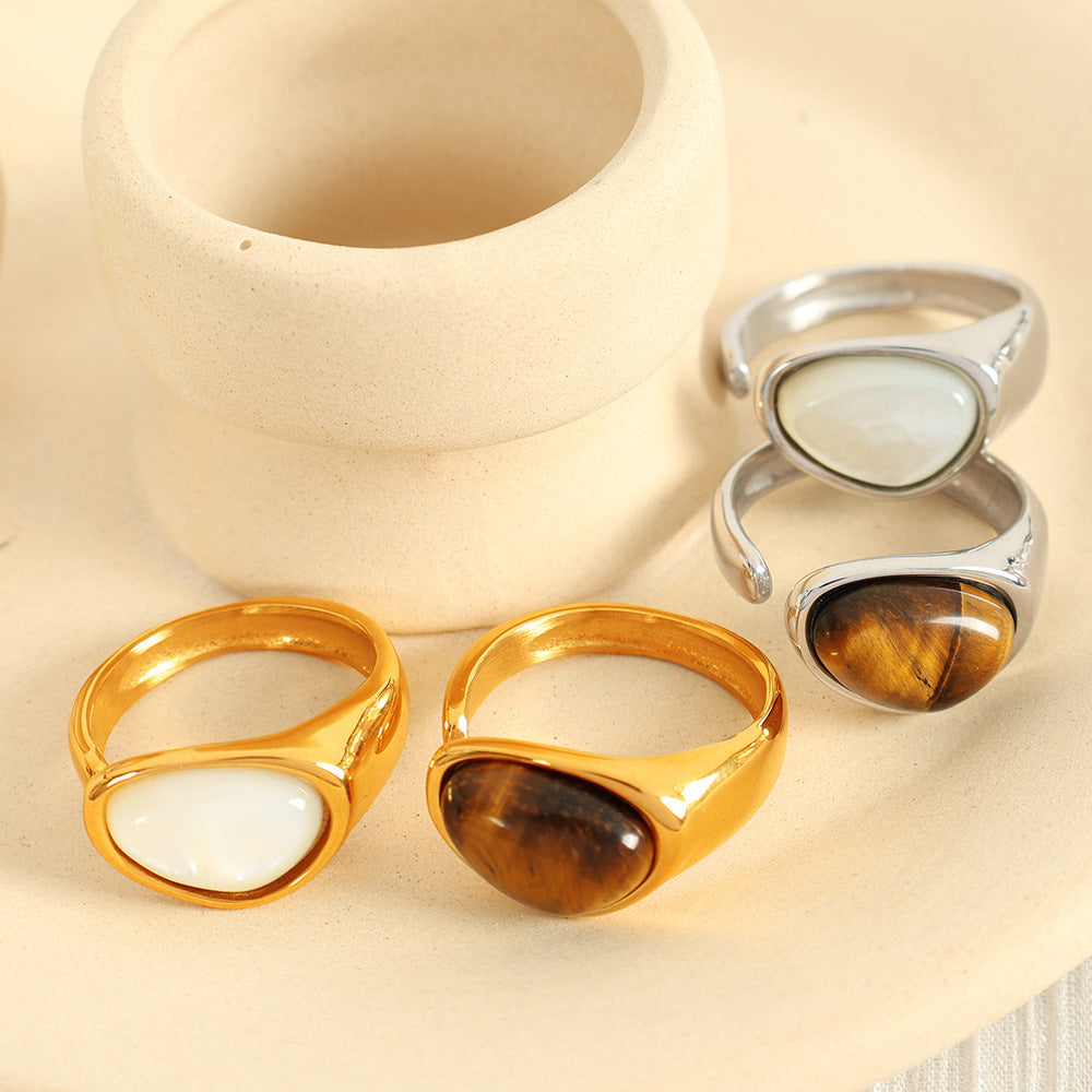 Wholesale French Retro Natural Tiger Eye Stone Ring Titanium Steel Plated with 18K Gold Elegant Niche Design Open Women' s Ring Accessible Luxury
