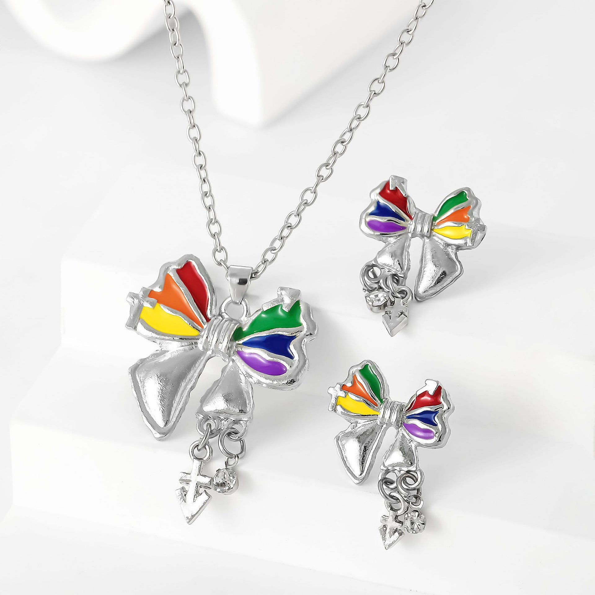 Wholesale drop oil cross anchor bow shape necklace earrings set