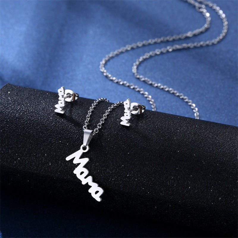 Wholesale MAMA Stainless Steel Earrings Necklace Set Mother's Day ACC-ES-MinM026