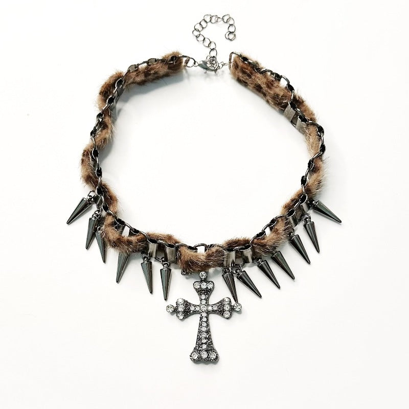 Wholesale  Leopard Print Rivet Cross Choker Necklace