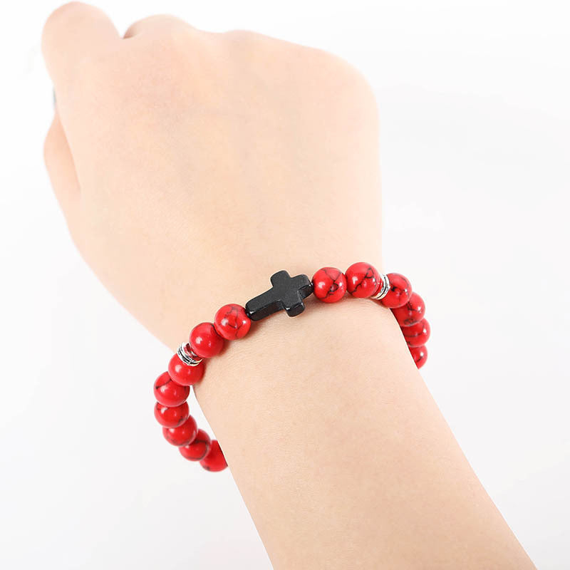 Wholesale Alloy Black Bead Bracelet with Cross Charm - Fashionable European American Style Jewelry Accessory for Everyday Wear