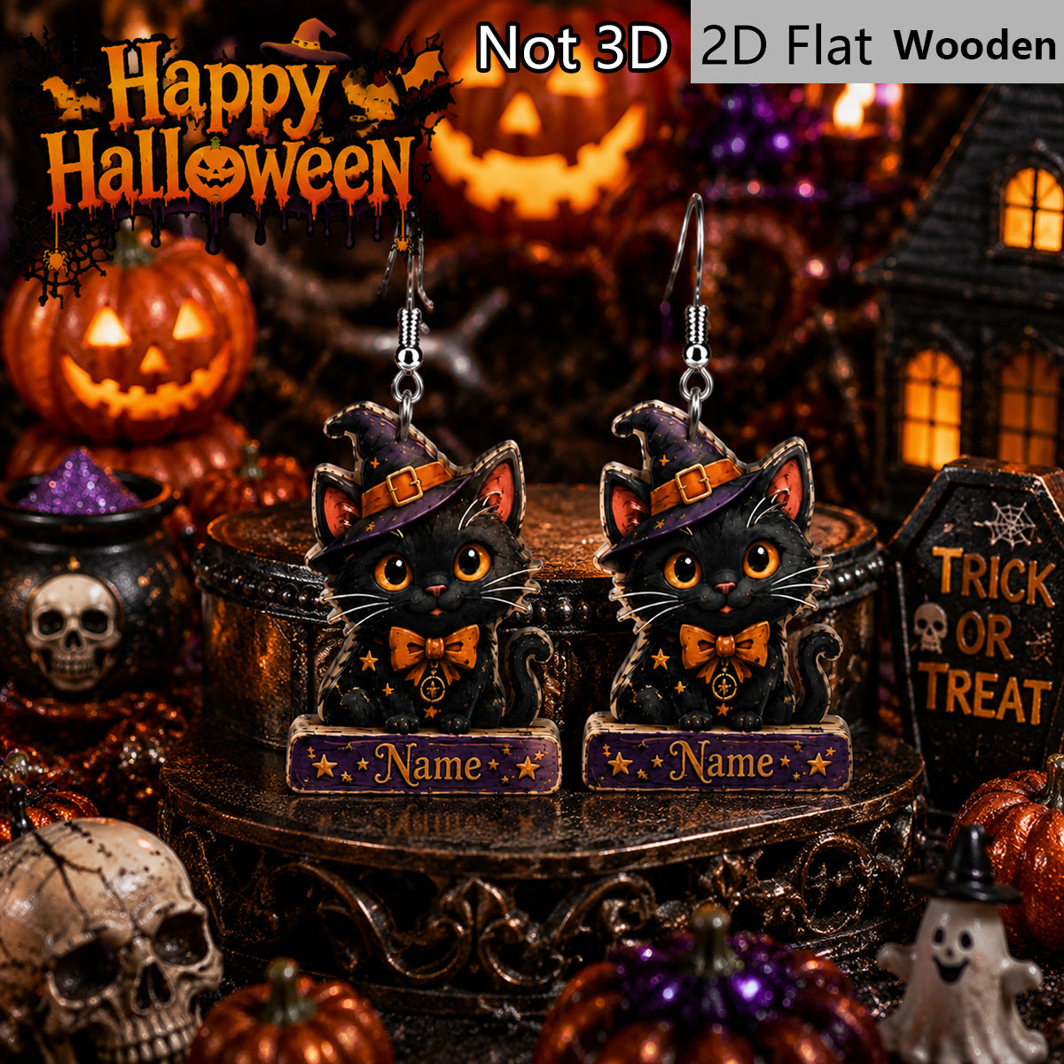 Wholesale  Witch Black Cat Wooden Earrings Purple Wizard Hat Bow Retro Party Jewelry Accessory Gift