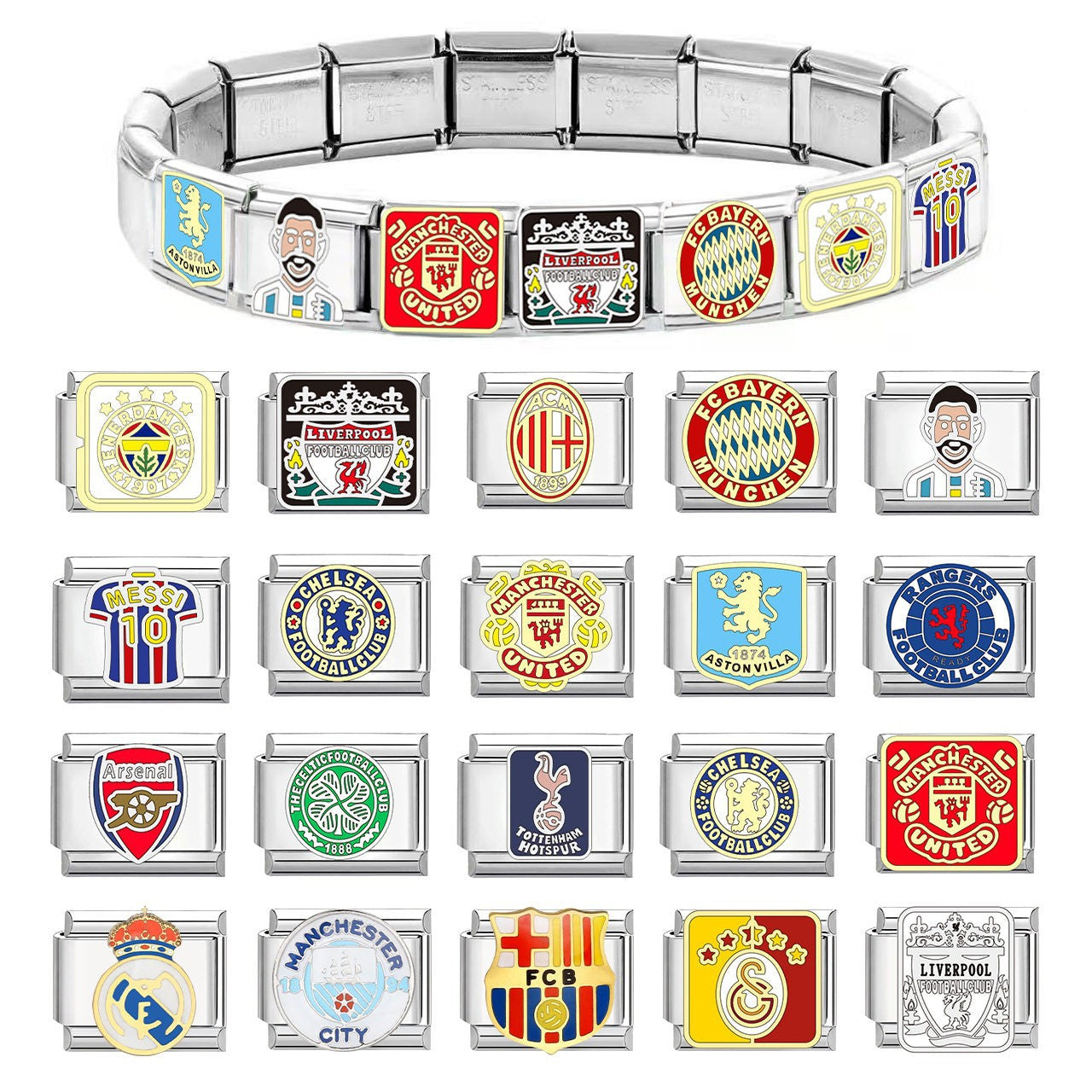 Wholesale Titanium Steel DIY Italian Charm Bracelet With Football Club Pattern Modular Accessory For Gift And Resale