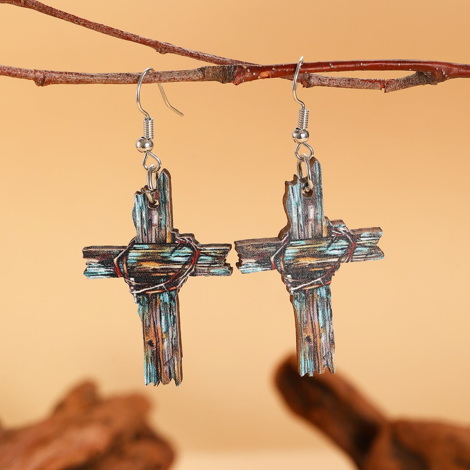 Wholesale Western Style Old Sunflower Colorful Watercolor Cross Pendant Wooden Double-Sided Earrings