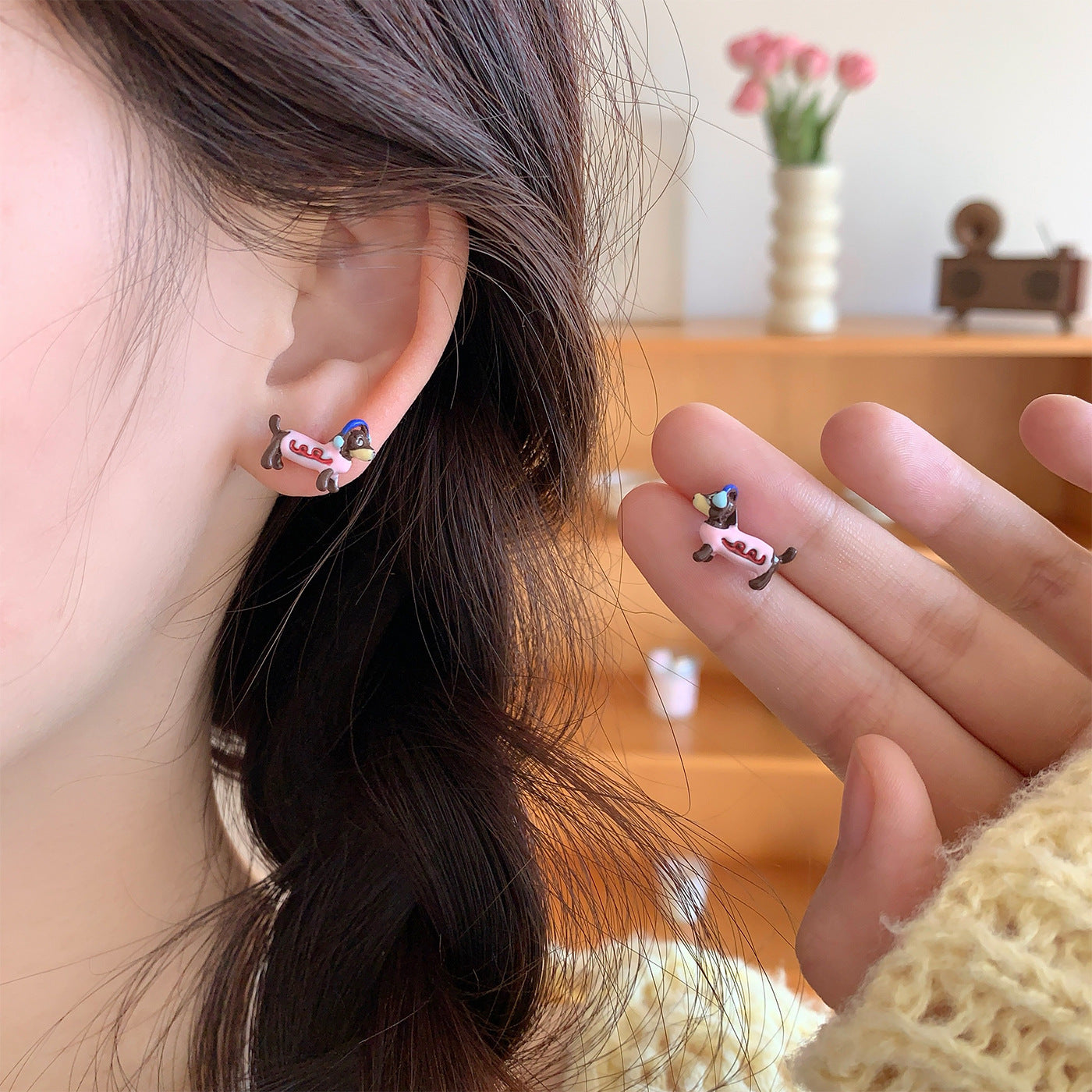 Wholesale Childish Cartoon Cute Color Oil Dropping Wachshund Design Earrings