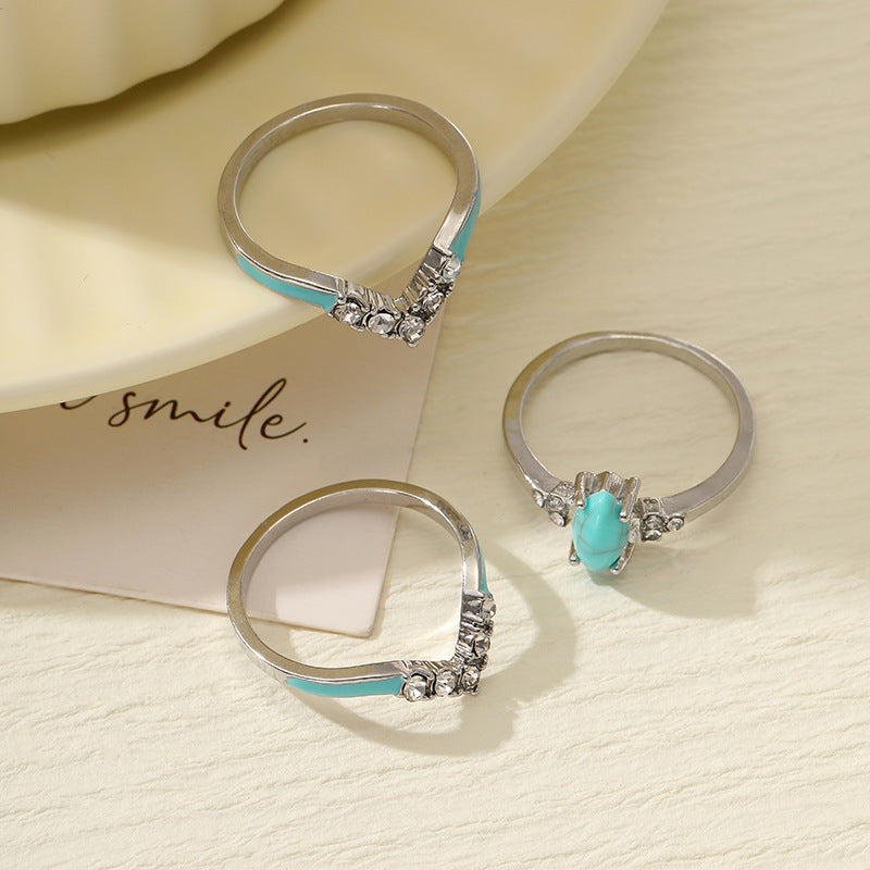 Wholesale Chic Retro 3-Piece Ring Set - Silver Tone Zinc Alloy with Rhinestone and Turquoise Accents,  Fashion Jewelry Accessory for Women