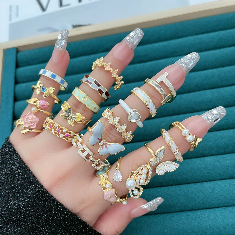 Wholesale Light Luxury Enamel Dropping Glaze Butterfly Flower Ring