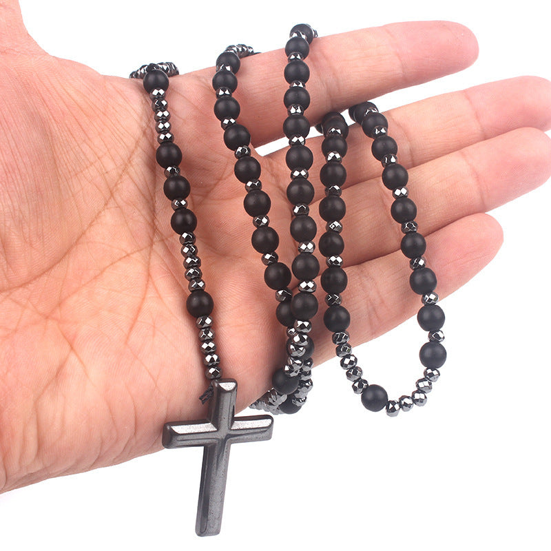 Wholesale Religious Gallstone Cross Pendant Natural Black Glitter Obsidian Lapis Necklace