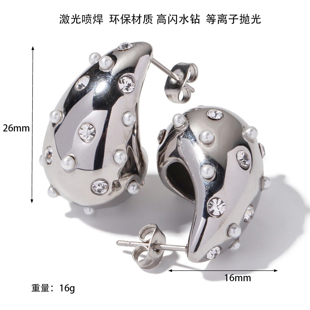 Wholesale Stainless Steel Earrings Micro-paved Pearl Hollow Three-dimensional Drop Earrings Pearl Earrings ACC-ES-Chunp004