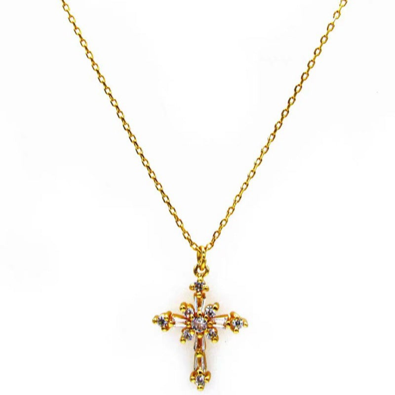 Wholesale 18K Gold Inlaid Zirconia Cross Clavicle Necklace