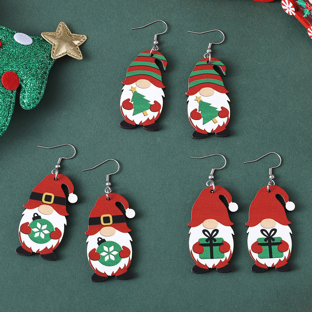 Wholesale Christmas Cute Dwarf Christmas Tree Pendant Wood Earrings