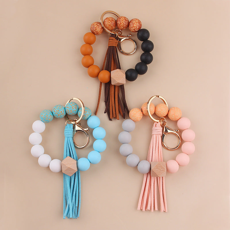 Wholesale Leopard Print Silicone Beads Tassel Wrist Keychain Wristlet Keychain ACC-KC-GuangTian046