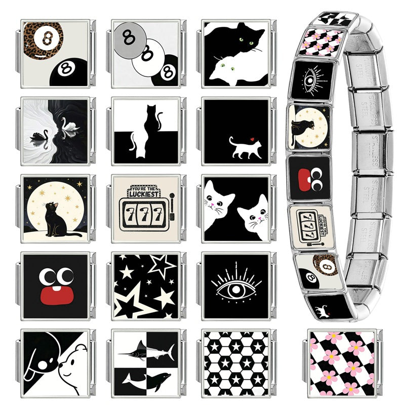 Wholesale Italian-Style Black and White Cat &  Star Patchwork Bracelet Stainless Steel DIY Jewelry Accessory