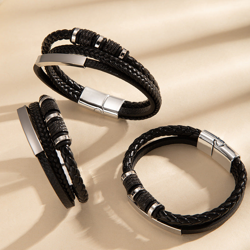 Wholesale Woven PU Leather Men S Fashion Bracelet Three Layer Design With Engravable Alloy Magnetic Clasp Everyday Accessory
