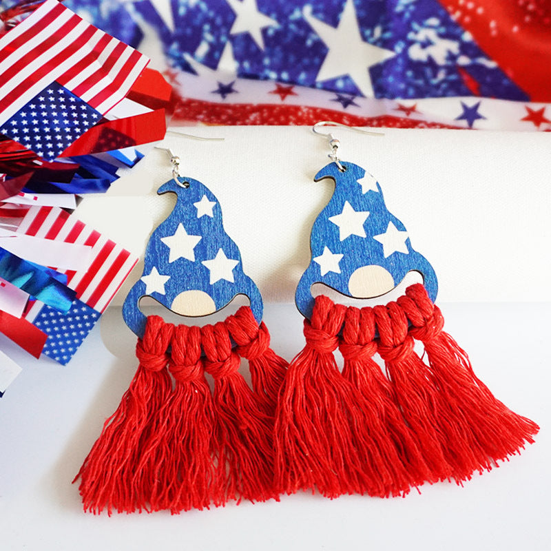Wholesale 2 Pairs/pack American Independence Day Hats Hand Knitted Bohemian Tassel Cotton Thread Earrings ACC-ES-HY042