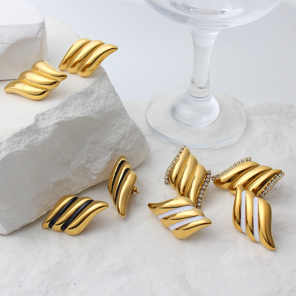 Wholesale Geometric Angel Wings White Black Oil Drop Edged Zircon Earrings Stainless Steel Earrings ACC-ES-ChengBing001