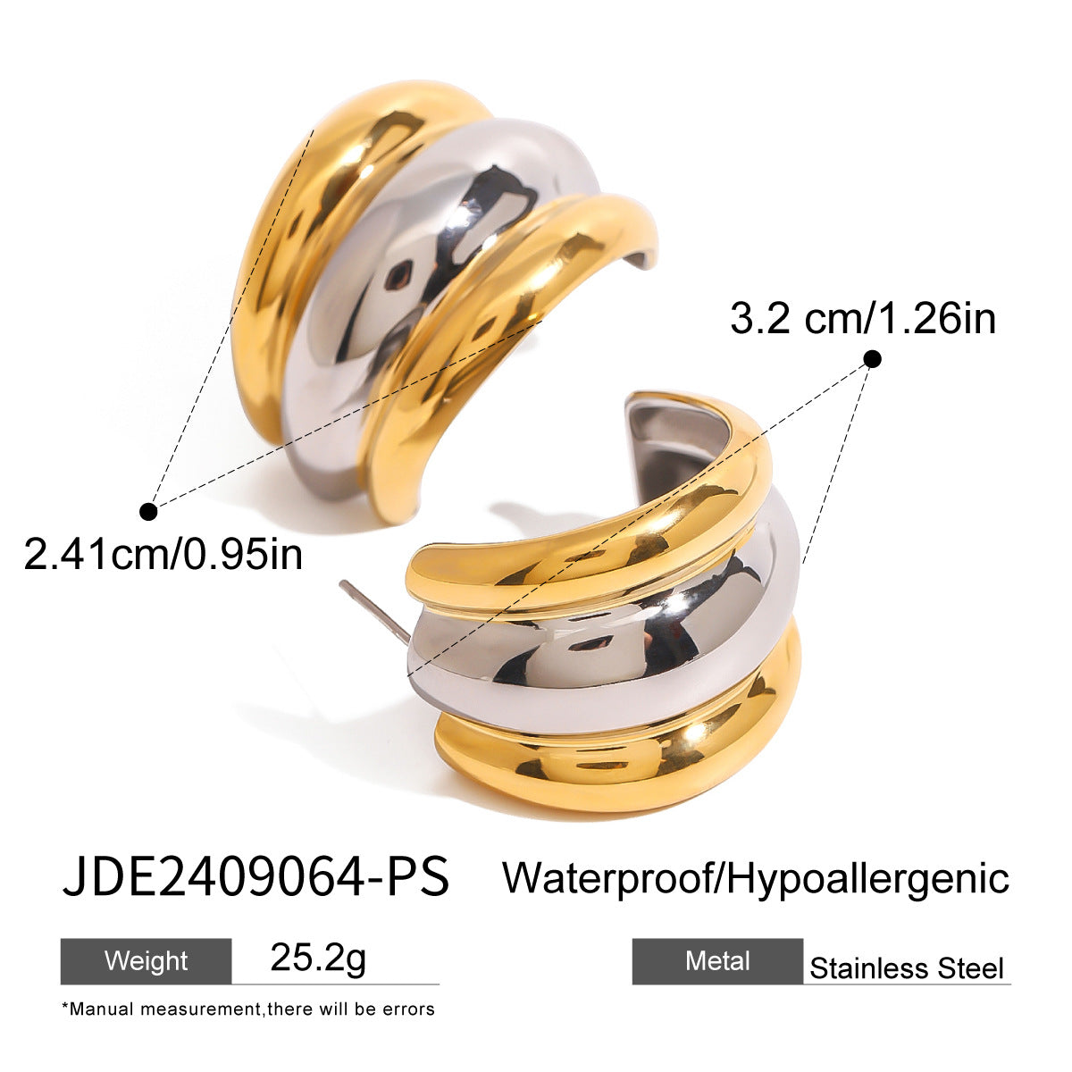 Wholesale stainless steel gold and silver contrast color c-shaped smooth earrings